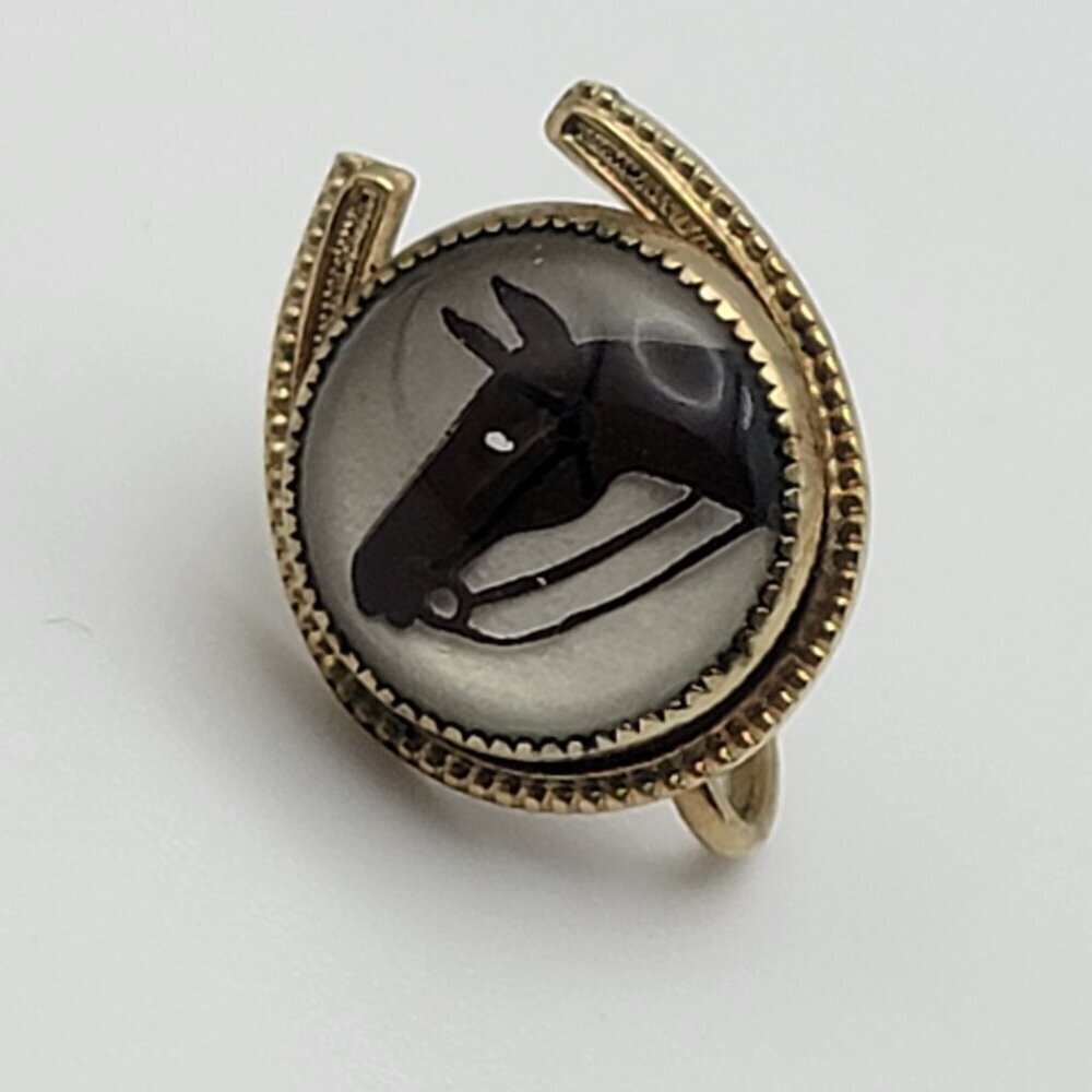 Vintage Gold Filled Race Horse Head Glass Dome Horseshoe Stud Screwback Earrings - Picture 3 of 7